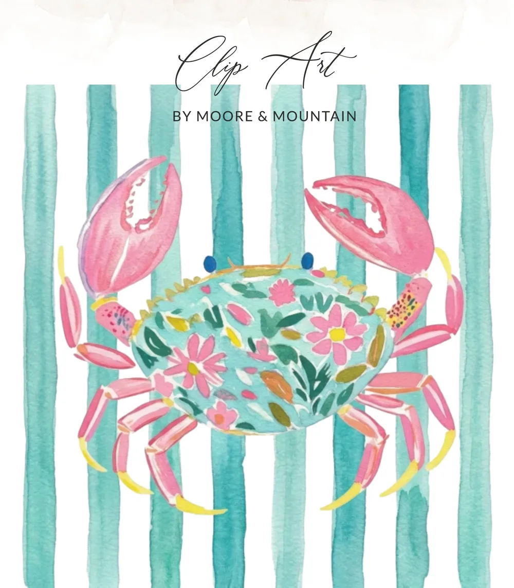 Watercolor crab with floral pattern on striped background.