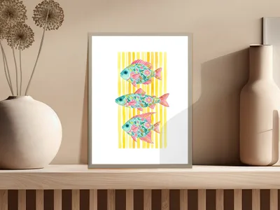 Three colorful, stylized fish with striped backgrounds in a framed print.