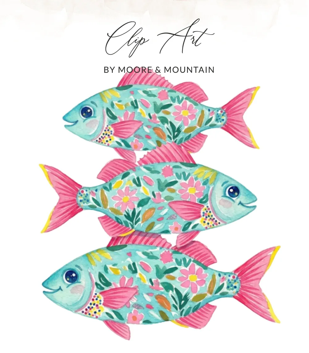 Three colorful fish with floral patterns stacked vertically.