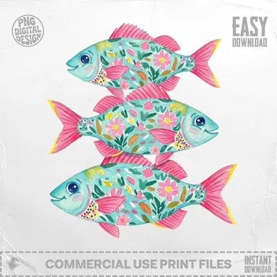 Three light blue fish with pink floral patterns, "Easy Download" and "PNG Digital Design" text.