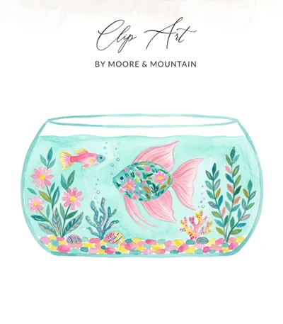 Whimsical Floral Fishbowl Art Print, Preppy Clip Art Fish Decor, Colorful Aquatic Life Digital Download, Nursery Wall Art Gift SVG