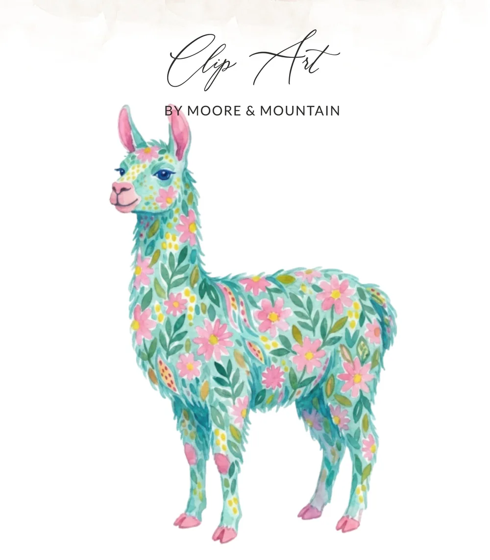 Floral llama illustration with "Clip Art By Moore & Mountain" text.