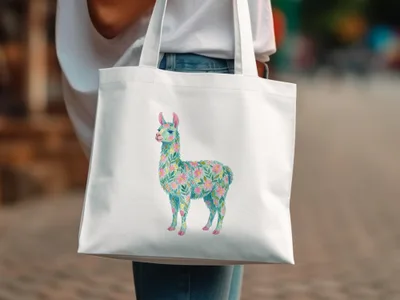 White tote bag with a floral llama illustration.