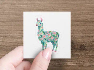 Floral llama sticker with pastel colors held by fingers.