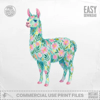 Watercolor llama with floral pattern and pastel colors.