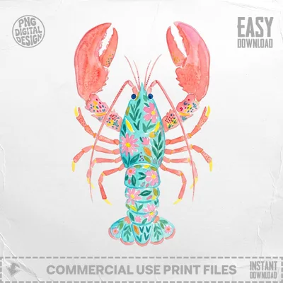 Watercolor lobster with floral pattern and pink claws, "Easy Download" text.