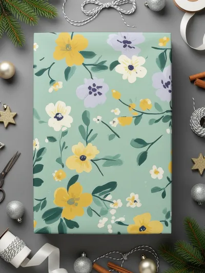 Floral Patterned Gift Wrap with Yellow and Purple Flowers