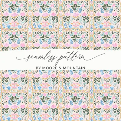 Whimsical Folk Art Floral Digital Paper, Seamless Pattern, Pink Blue Green Botanical Print, Boho Scrapbook Background, Cottagecore Fabric