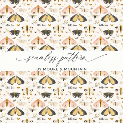 Whimsical Moth Seamless Pattern, Rustic Insect Digital Paper, Boho Botanical Repeating Design, Little Love Quote Art, Nursery Digital