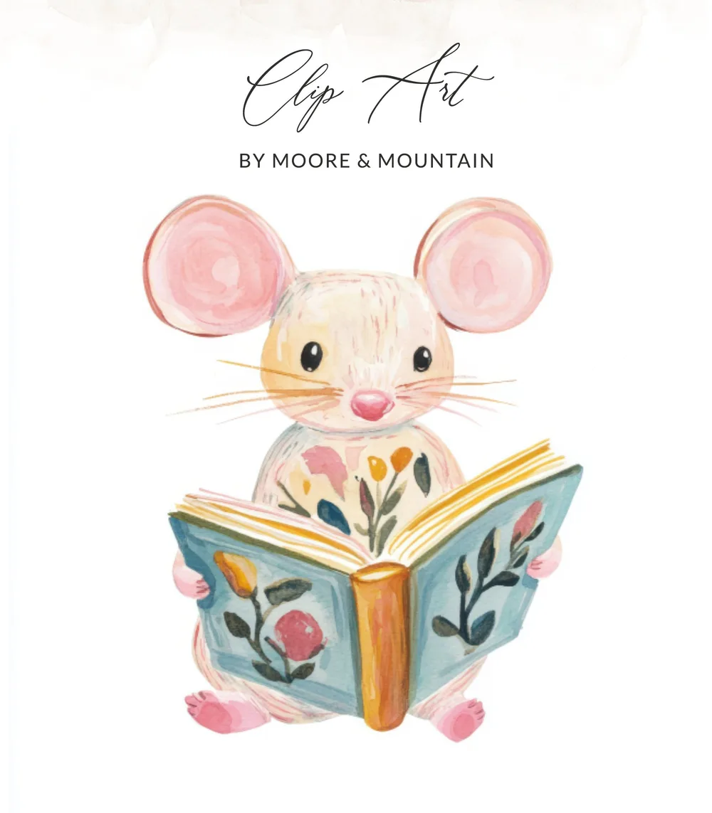Cute mouse reading a colorful book with floral illustrations.
