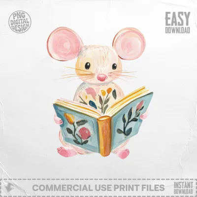 Watercolor illustration of a cute mouse reading an open book with floral designs.