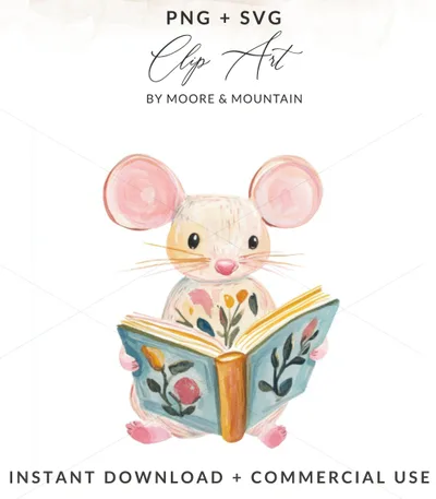 Watercolor mouse reading a book with floral designs.