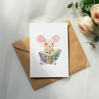 Watercolor illustration of a mouse reading a book on a brown envelope.