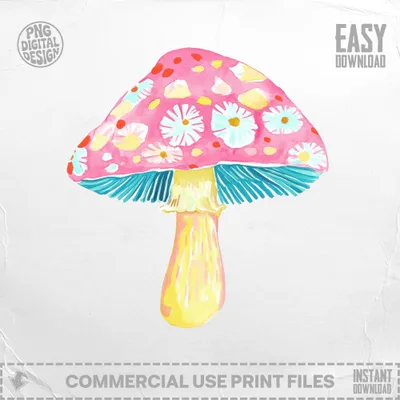 Pink watercolor mushroom with yellow stem and blue gills, decorated with white flowers.