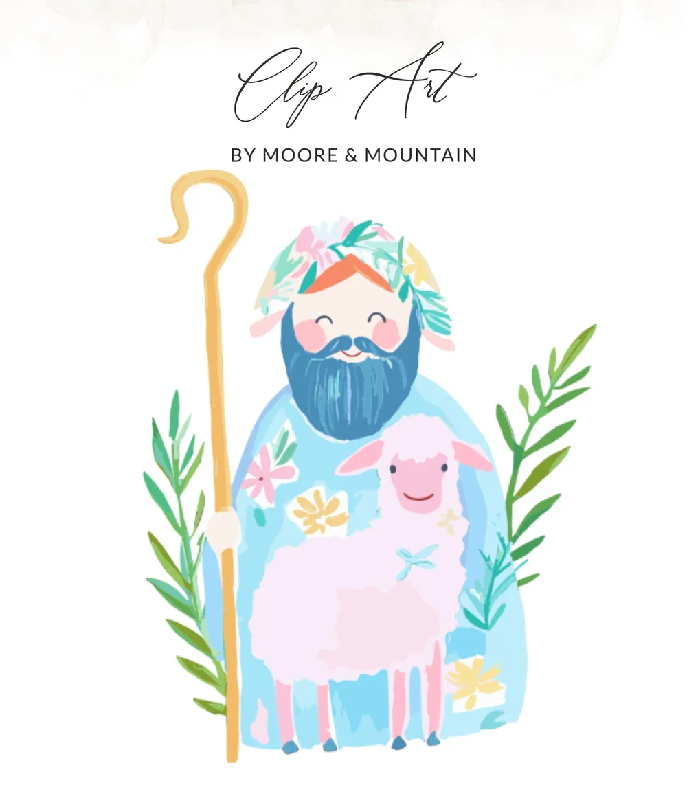 Cartoon shepherd with sheep and floral accents.