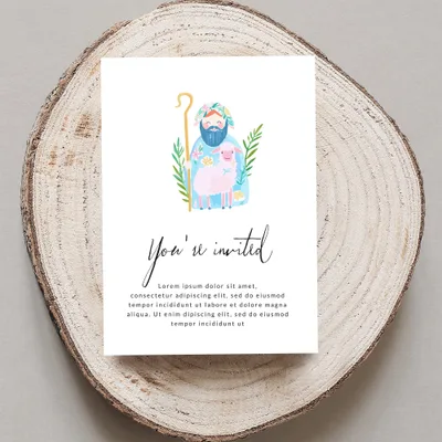 Invitation with shepherd, sheep, and placeholder text.