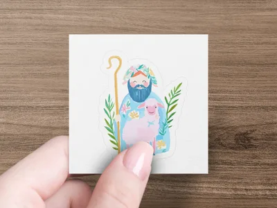 Illustration of a shepherd holding a lamb, with flowers and greenery.