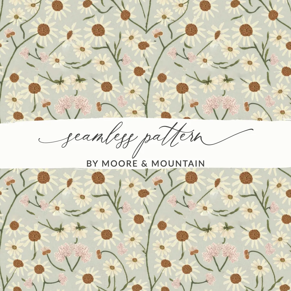 White Daisy Floral Pattern Digital Paper, Light Blue Summer Flower Repeat, Watercolor Spring Seamless Pattern, Flower Garden Print - Moore and Mountain
