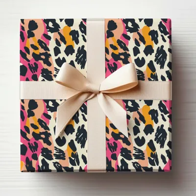 Vibrant Leopard Print Gift Wrap with Beige Ribbon