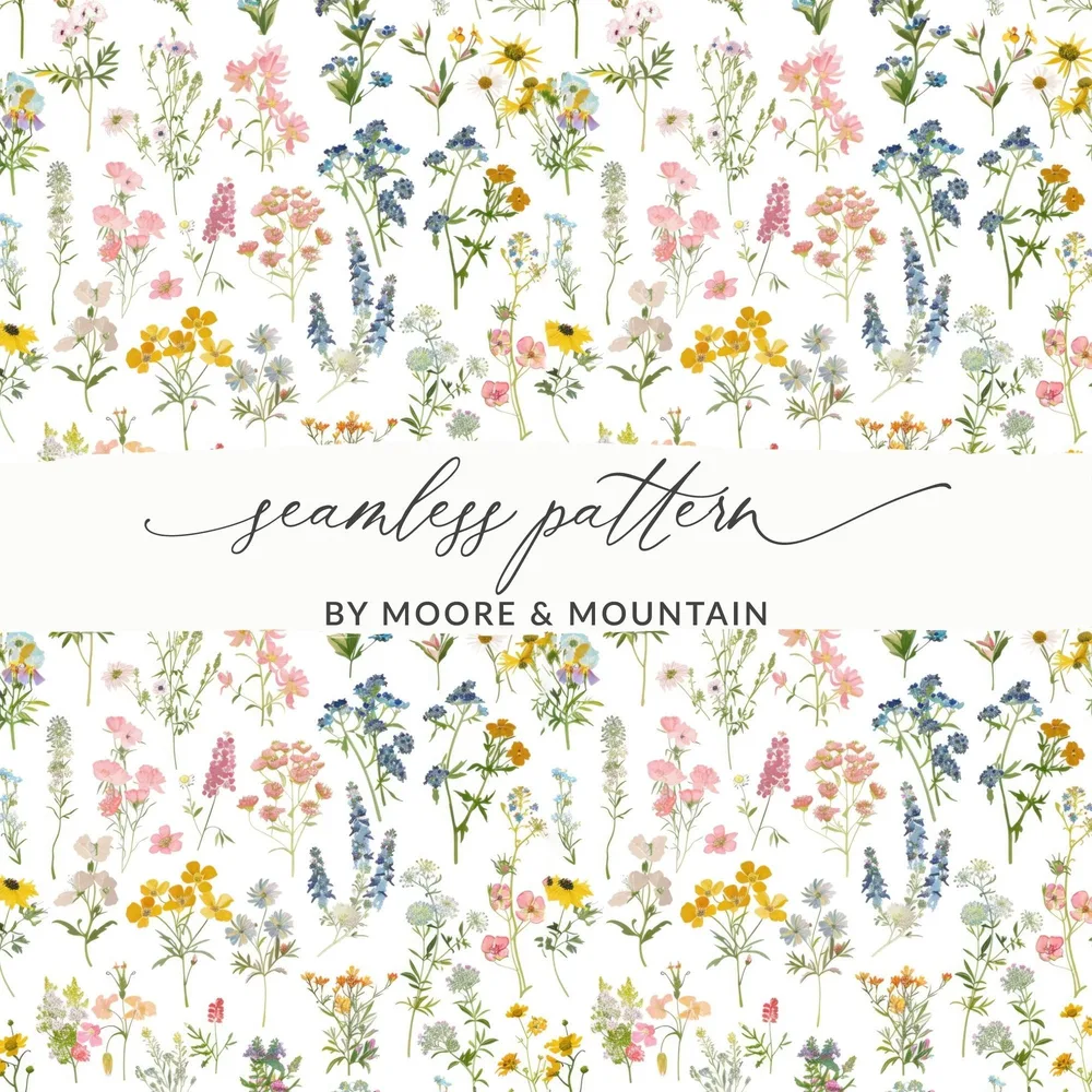 Wildflower Digital Seamless Pattern, Floral Print JPEG, Watercolor Flower Design for Fabric, Paper Crafts, DIY Projects, Downloadable Art - Moore and Mountain