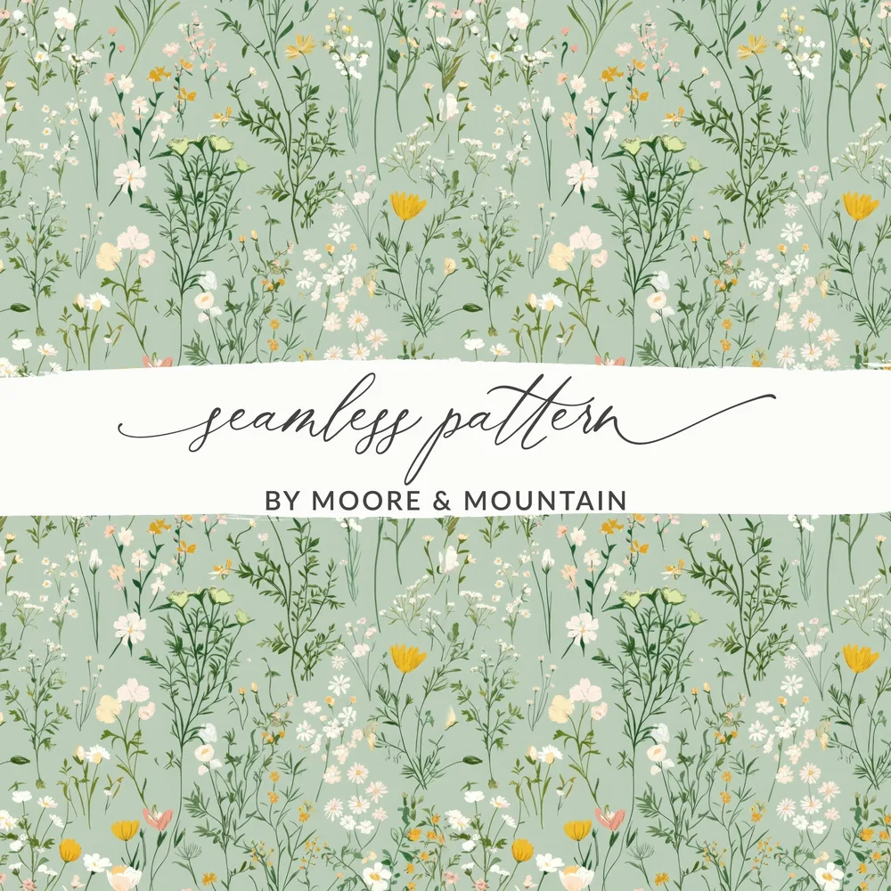 Wildflower Field Digital Paper, Seamless Floral Pattern, Sage Green Background, Digital Fabric Design, Repeating Pattern, 2 JPEG Scales - Moore and Mountain