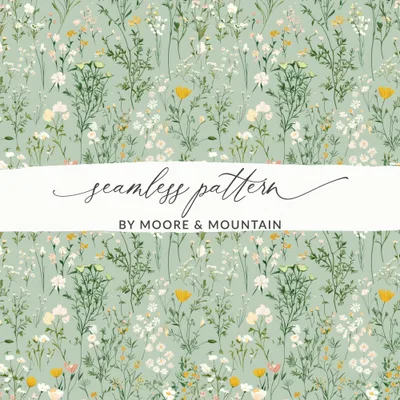 Wildflower Field Digital Paper, Seamless Floral Pattern, Sage Green Background, Digital Fabric Design, Repeating Pattern, 2 JPEG Scales