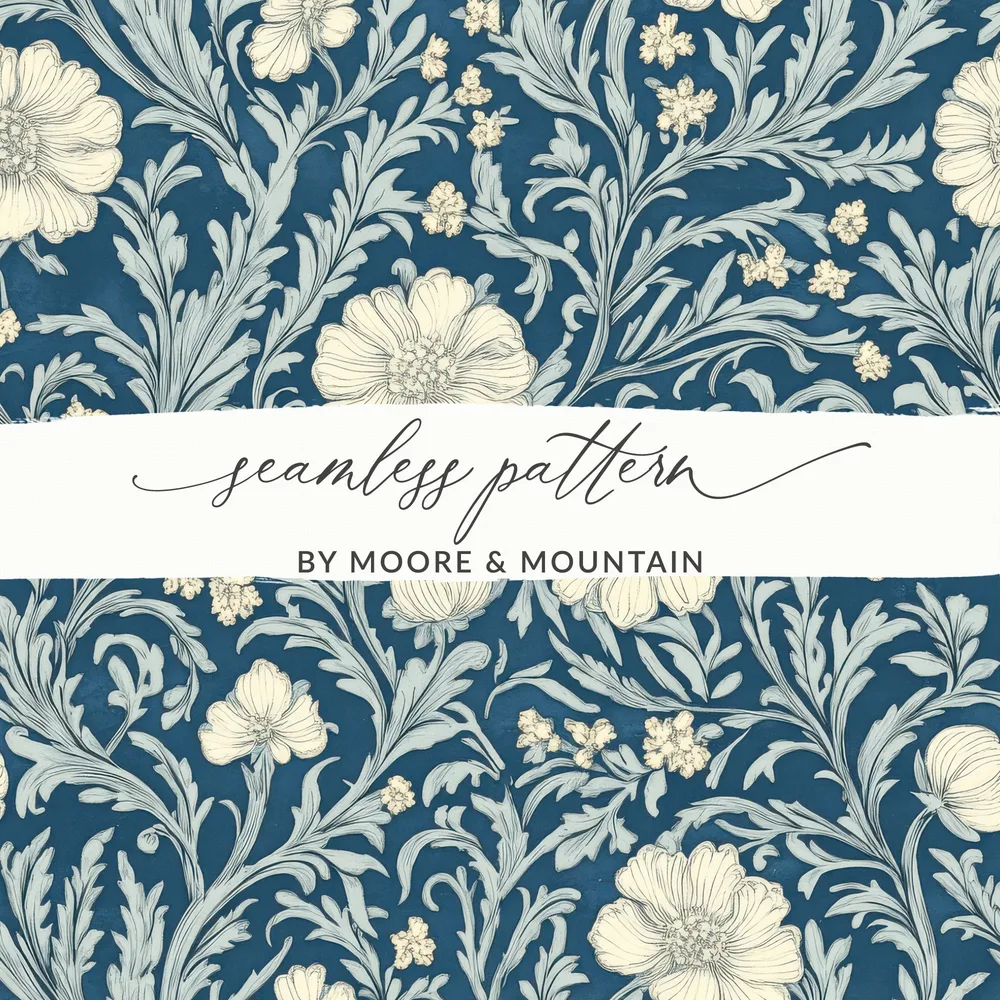 William Morris Blue Larkspur Print Seamless Vines Background Dark - Moore and Mountain