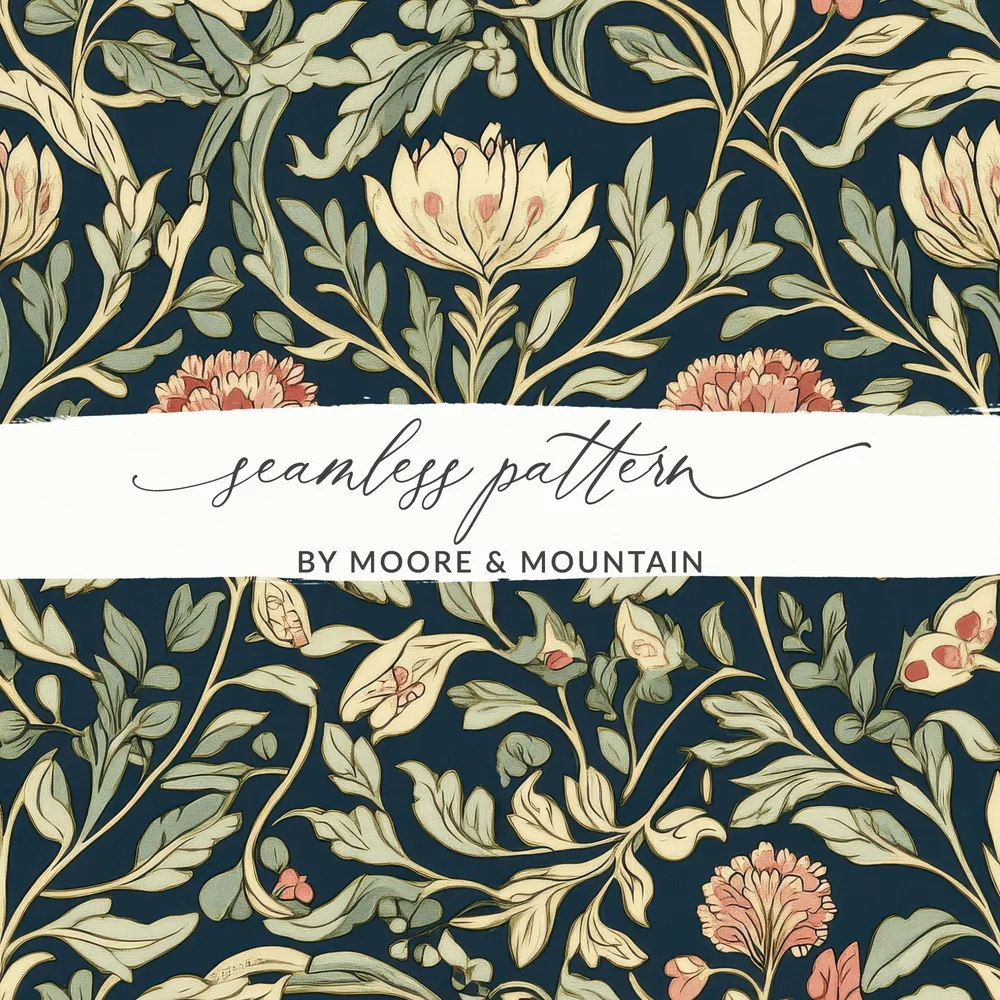 William Morris Seamless Pattern Navy Blue Green Pink Digital - Moore and Mountain