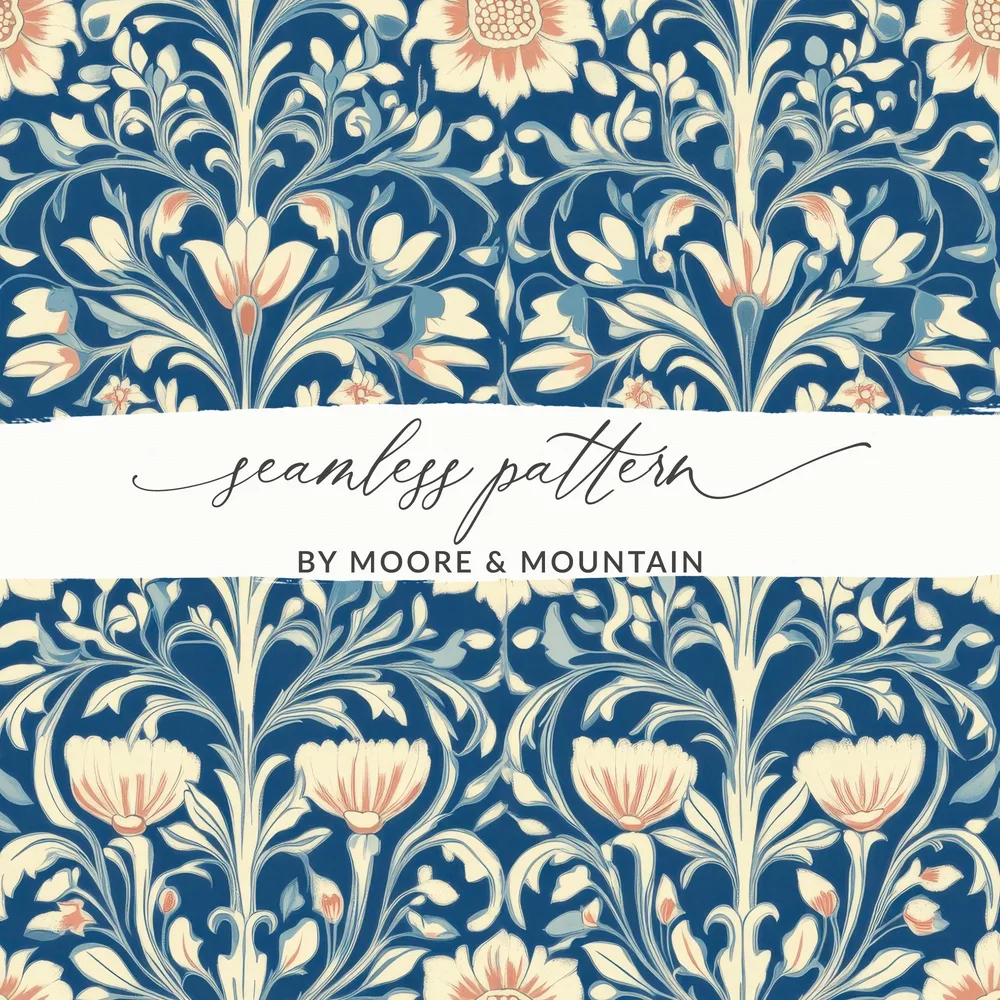 William Morris Vines Background Blue Beige Coral Digital - Moore and Mountain