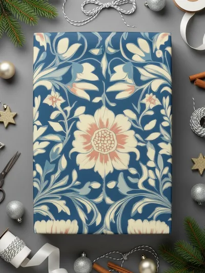 William Morris Vines Background Blue Beige Coral Digital - Moore and Mountain