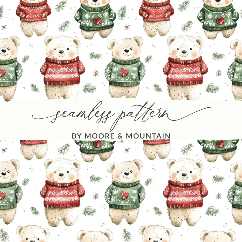 Winter Bear Seamless Pattern, Christmas Digital Paper, Holiday Bears, Cute Animal Print, Festive Fabric Design, JPEG Files, Digital - Moore and Mountain