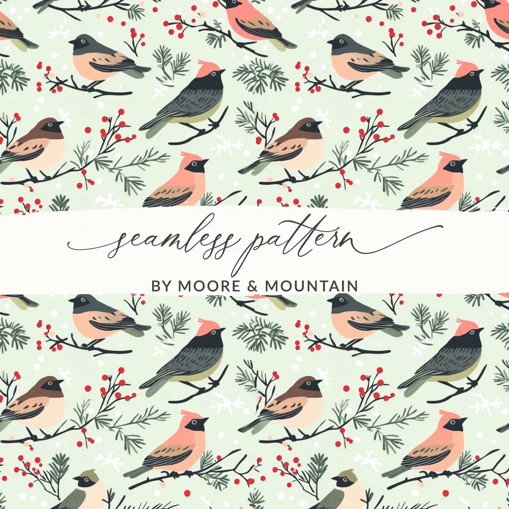 Seamless Pattern of Birds and Flourishing Branches