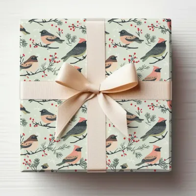 Elegant Bird Print Gift Wrap with Cream Ribbon