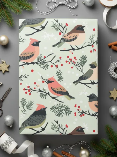Festive Holiday Birds and Berries Wrapping Paper