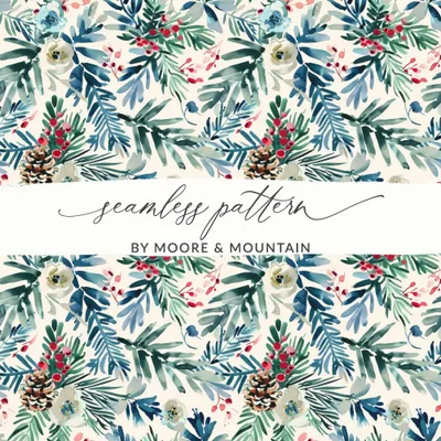 Winter Floral Digital Paper, Watercolor Seamless Pattern, Christmas Floral, Holiday Pattern, Pine Cone Digital Download