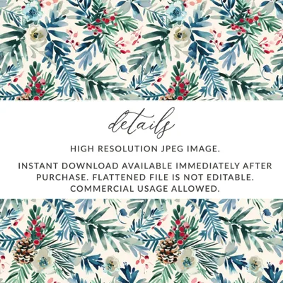 Winter Floral Digital Paper, Watercolor Seamless Pattern, Christmas Floral, Holiday Pattern, Pine Cone Digital Download - Moore and Mountain
