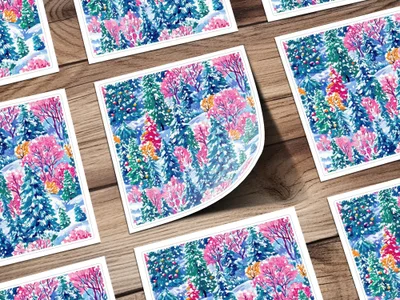 Winter Forest Digital Paper, Blue Pink Christmas Tree Pattern, Holiday Seamless Pattern, Painterly Snowy Landscape for Fabric, Scrapbooking - Moore and Mountain