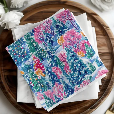 Winter Forest Digital Paper, Blue Pink Christmas Tree Pattern, Holiday Seamless Pattern, Painterly Snowy Landscape for Fabric, Scrapbooking - Moore and Mountain
