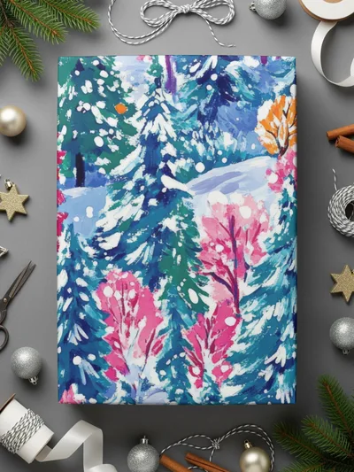 Winter Forest Digital Paper, Blue Pink Christmas Tree Pattern, Holiday Seamless Pattern, Painterly Snowy Landscape for Fabric, Scrapbooking - Moore and Mountain