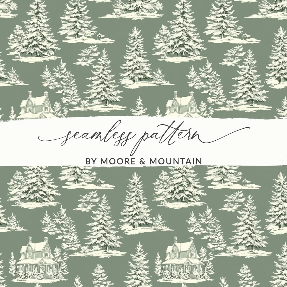 Winter Forest Digital Paper, Snowy House Seamless Pattern, Christmas Tree Digital Download, Holiday Scrapbook Paper, JPEG File, Repeat - Moore and Mountain