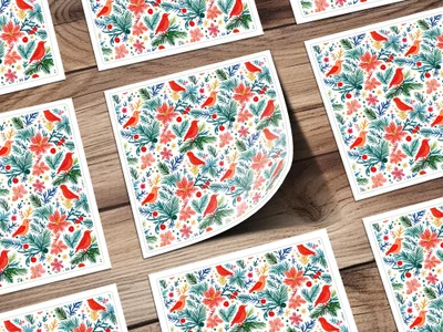 Winter Garden Birds Pine Branches Floral Pattern Digital - Moore and Mountain