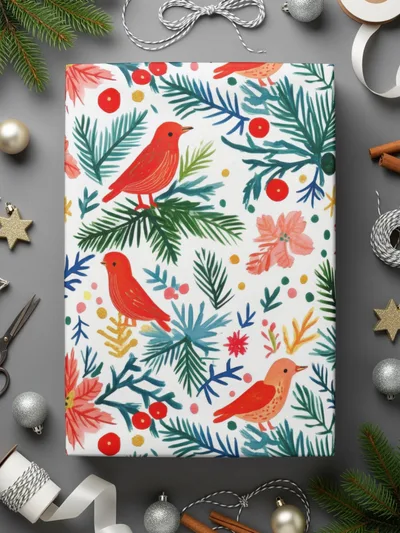 Winter Garden Birds Pine Branches Floral Pattern Digital - Moore and Mountain