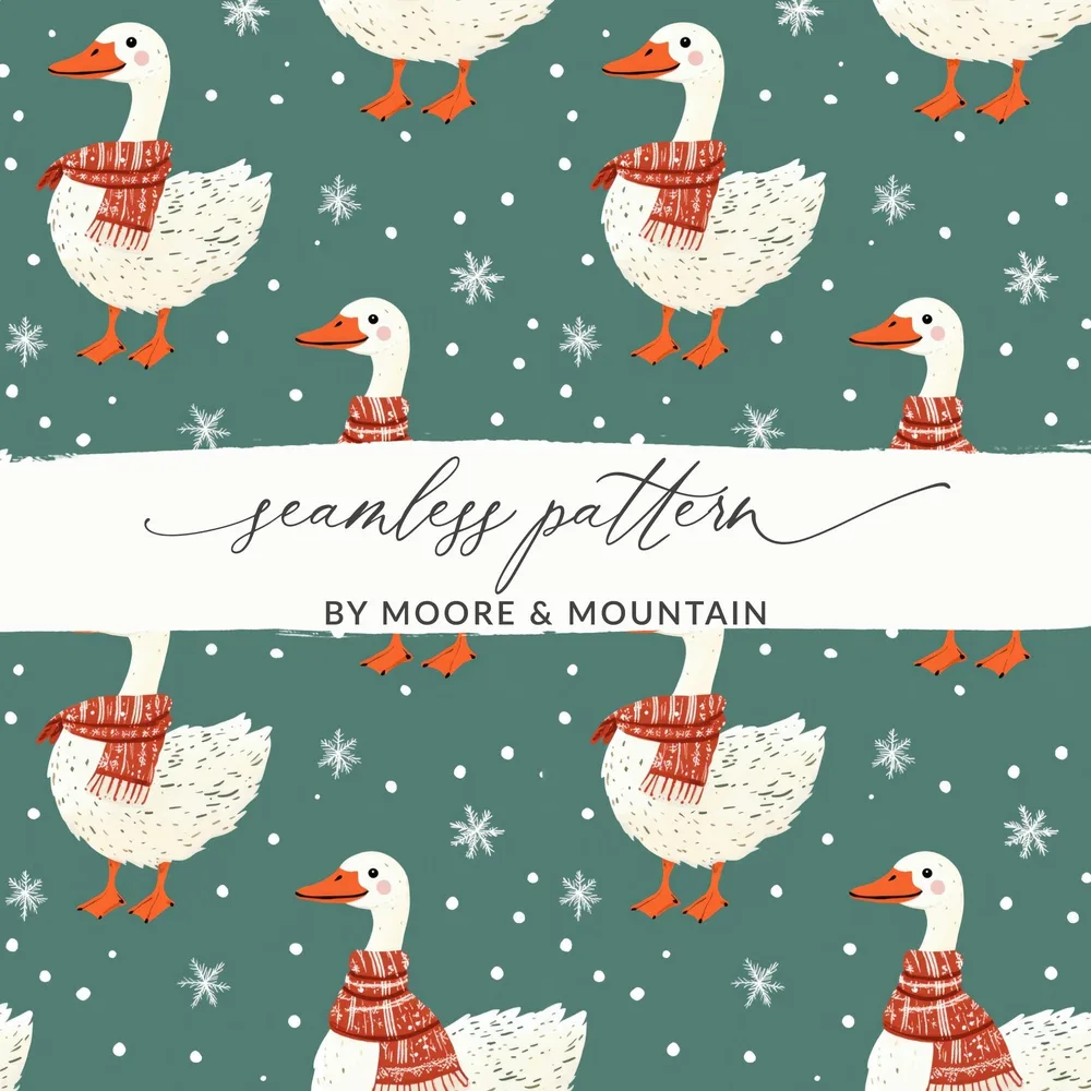 Winter Goose Digital Paper, Seamless Pattern, Snowy Teal Background, Cute Animal Print, Cozy Scarf Design, Digital Download - Moore and Mountain