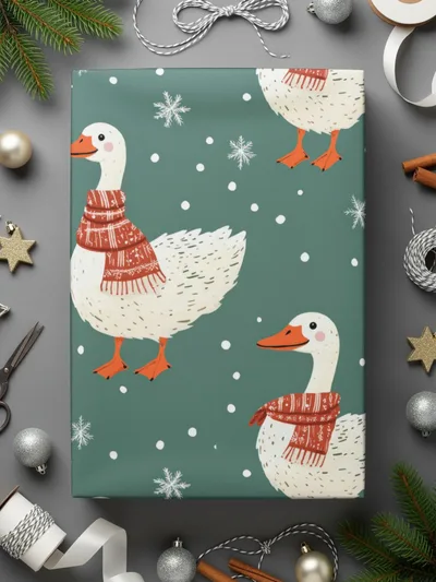 Winter Goose Digital Paper, Seamless Pattern, Snowy Teal Background, Cute Animal Print, Cozy Scarf Design, Digital Download - Moore and Mountain