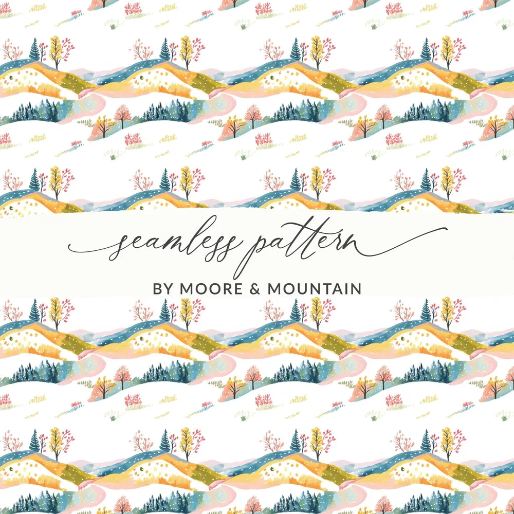 Winter Landscape Seamless Pattern, Watercolor Hillside Digital Paper, Christmas Scenery Fabric Design, Surface Pattern, Digital Download - Moore and Mountain