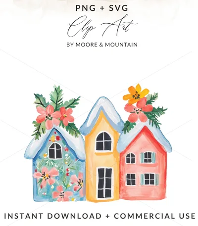 Winter Village Cottagecore Digital Art Print, Whimsical Folk Art Houses Watercolor Printable Wall Art, Cozy Holiday Town Nursery Home Decor