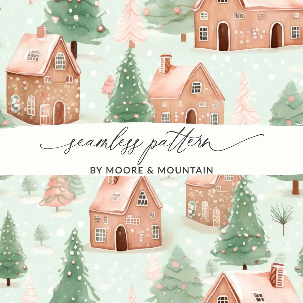 Winter Village Digital Paper, Christmas Seamless Pattern, Watercolor Gingerbread Houses, Holiday Design, Digital Download for Crafts - Moore and Mountain