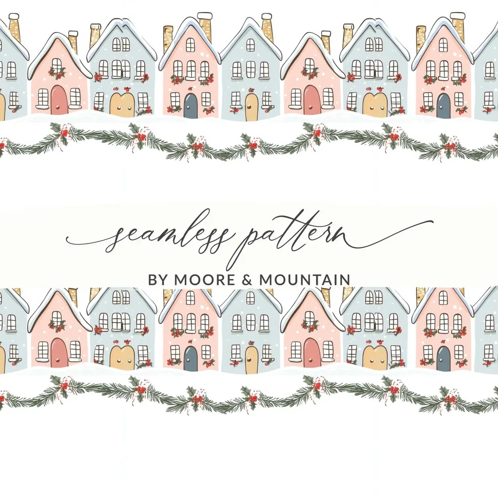 Winter Village Seamless Pattern Digital Paper, Holiday Townscape, Christmas Cottage Print, 12x12 JPEG Files, Digital Download - Moore and Mountain