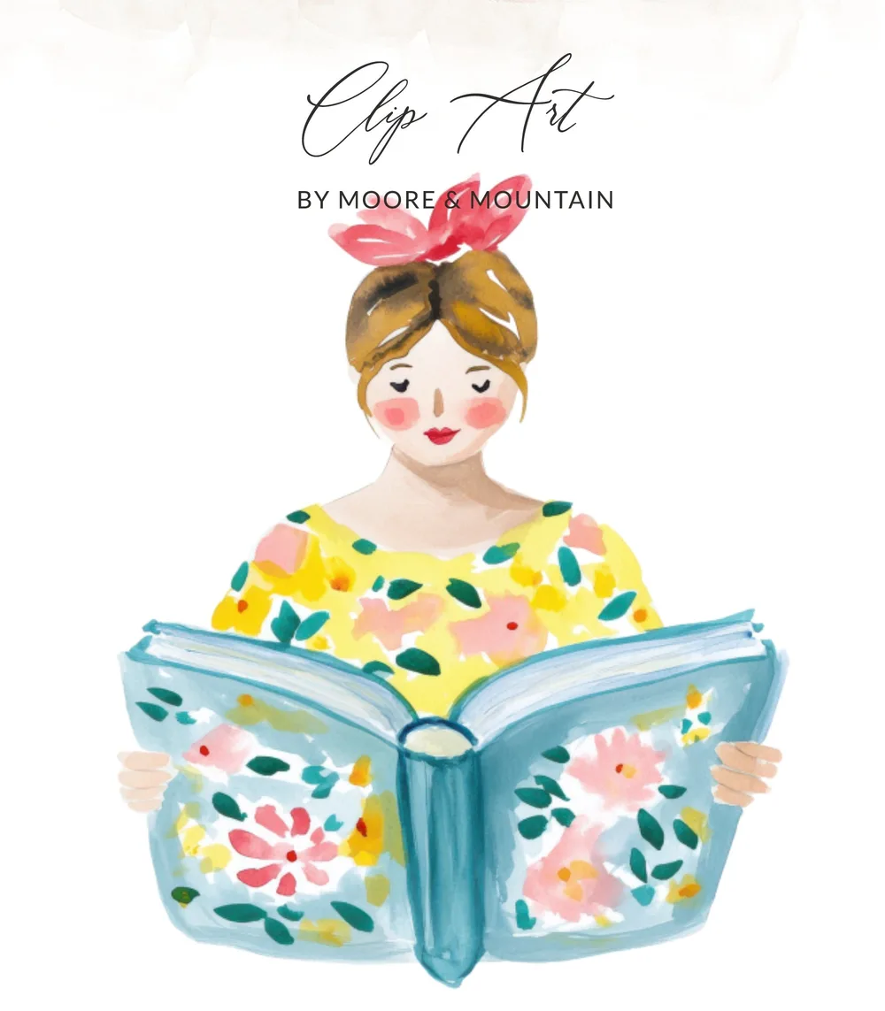 Illustration of a woman reading a book with floral designs.