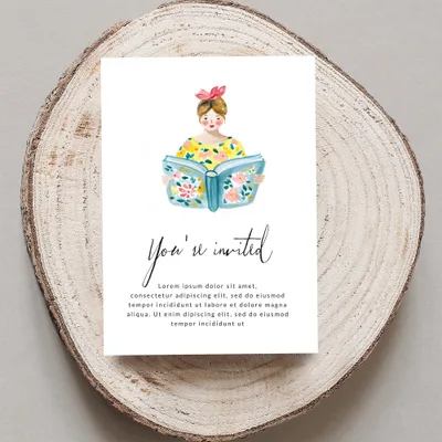 Invitation card with floral illustration and "You're invited" text.